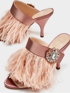 Zara Blush Feather Mule Heels with Crystal Buckle
